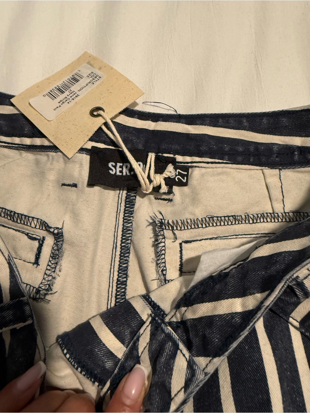 Striped Wide-Leg Cargo Pants in Navy and White - Picture 3 of 5